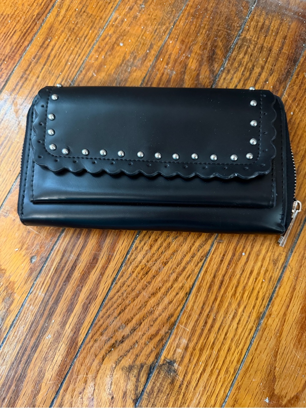Black Scalloped Stud Trim Continental Wallet